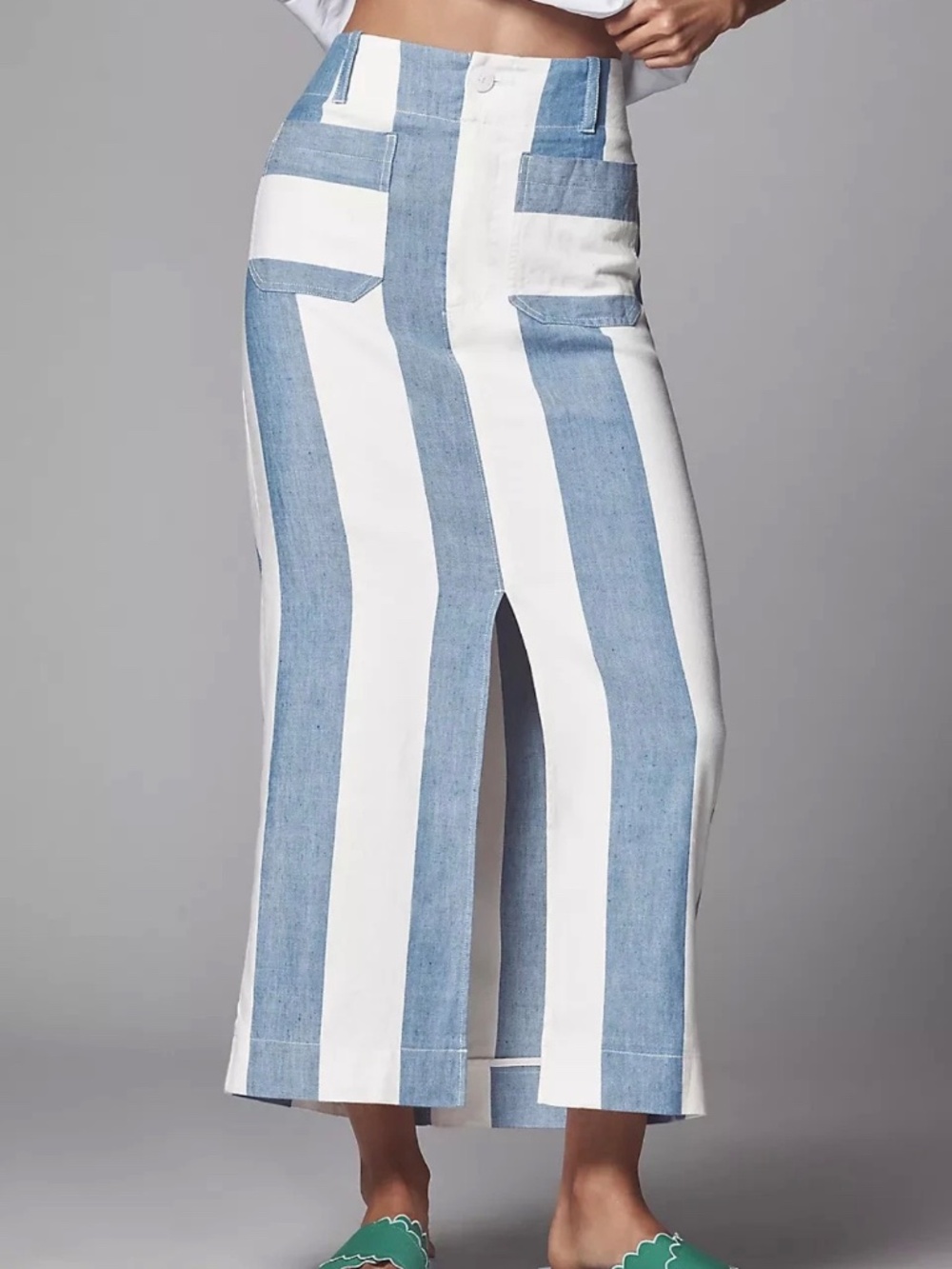 Anthropologie Colette Linen Maxi Skirt Stripes Patch Pockets Blue Slit Sz Medium - Picture 4 of 11